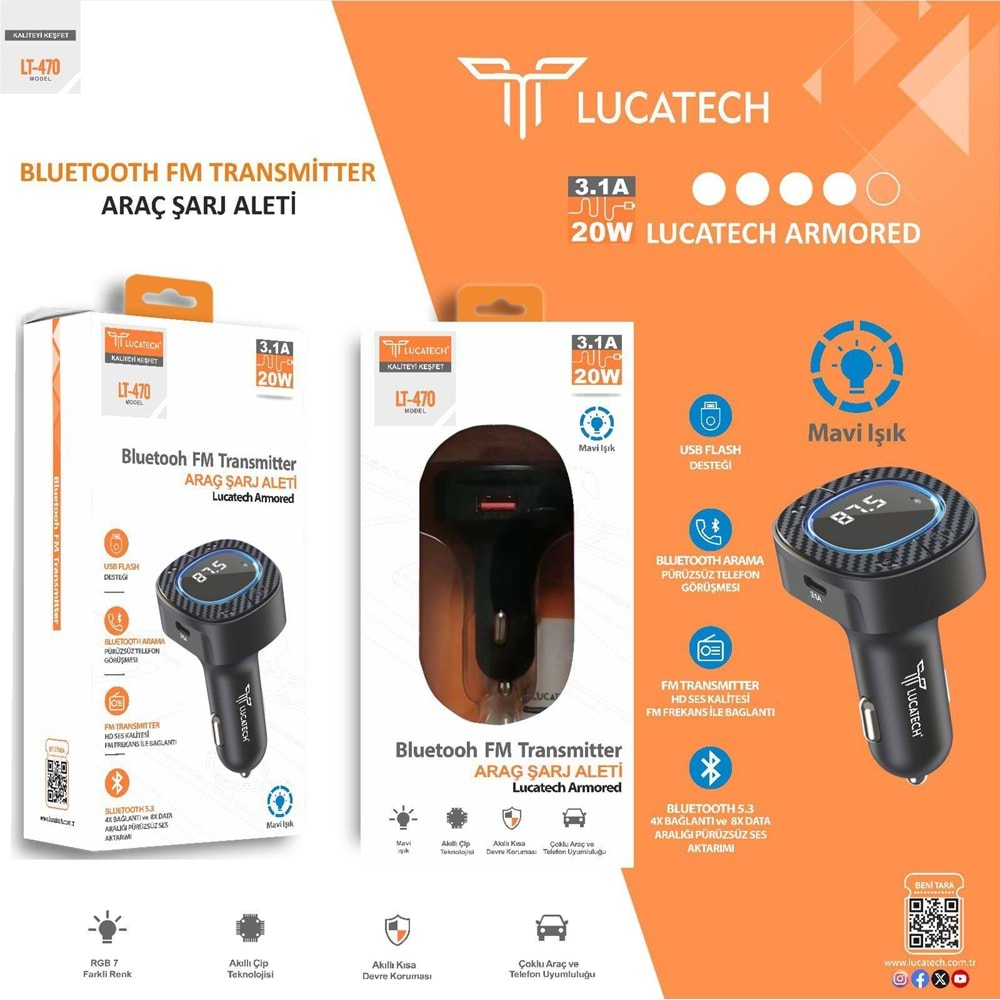 Lucatech LT-470 Bluetooh Fm Transmiter 3.1A 20W