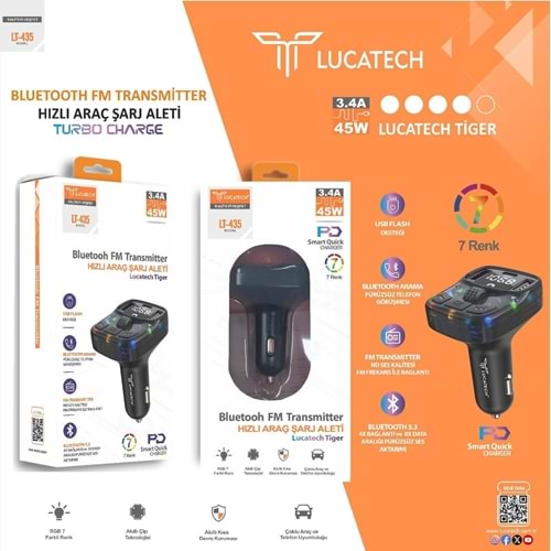 Lucatech LT-435 Bluetooh Fm Transmiter 3.4A 45W