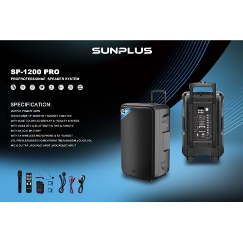 Sunplus SP-1200 PRO 400w Aktif Hoparlör