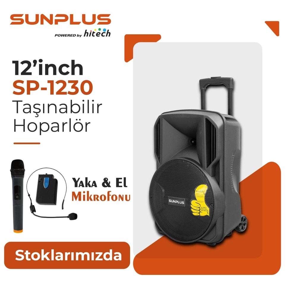 SUNPLUS* SP-1230 AKTİF SEYYAR ANFİ UHF 1 EL 1 YAKA 30CM 300W BT/USB/SD/AUX/MIC
