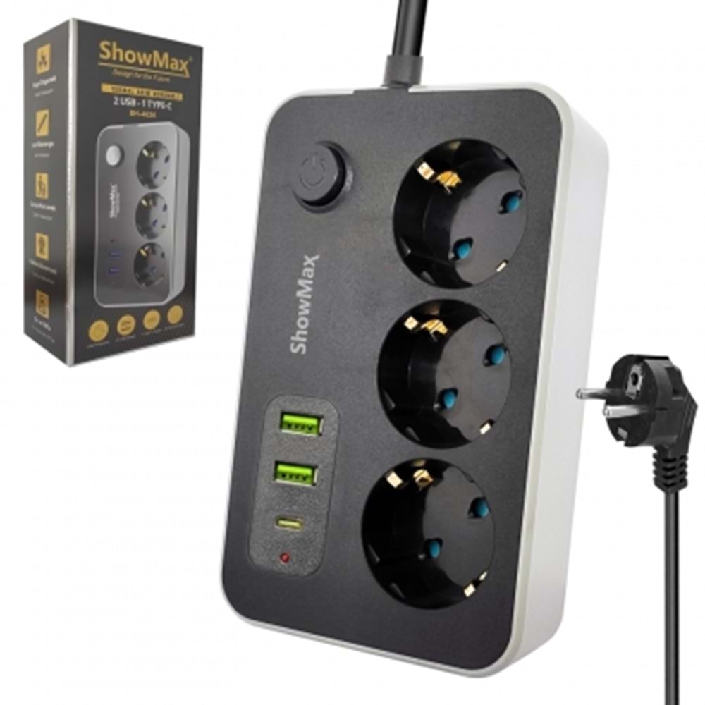 SHOWMAX SH-4626 3Lü Akım Korumalı Priz 2 Metre Anahtarlı 10A 2500 Watt 2XUSB 1XType-c