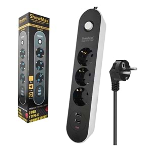 SHOWMAX SH-4628 3Lü Akım Korumalı Priz 2 Metre Anahtarlı 10A 2500 Watt 2XUSB 1XType-c